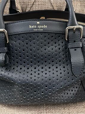 kate spade black perforated leather satchel with gold logo